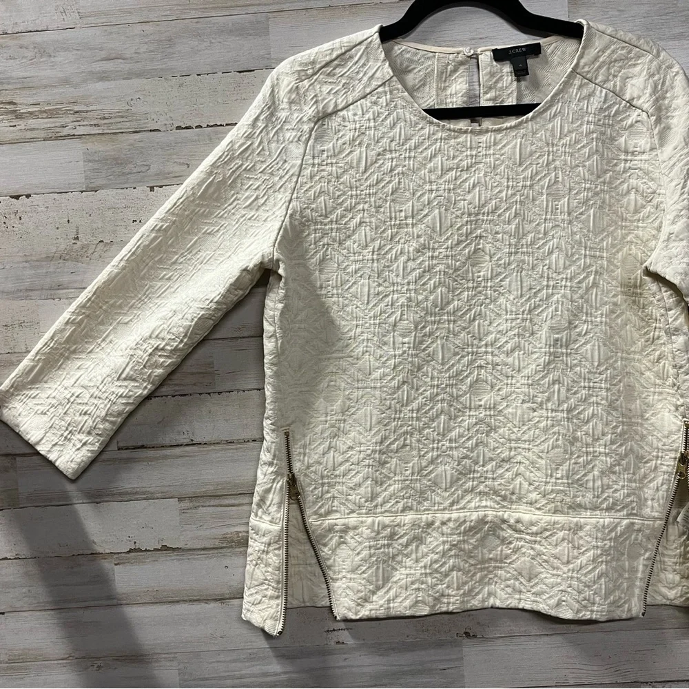 J. Crew Cream Textured Matelasse Boxy Brocade 3/4 Sleeve Zip Top